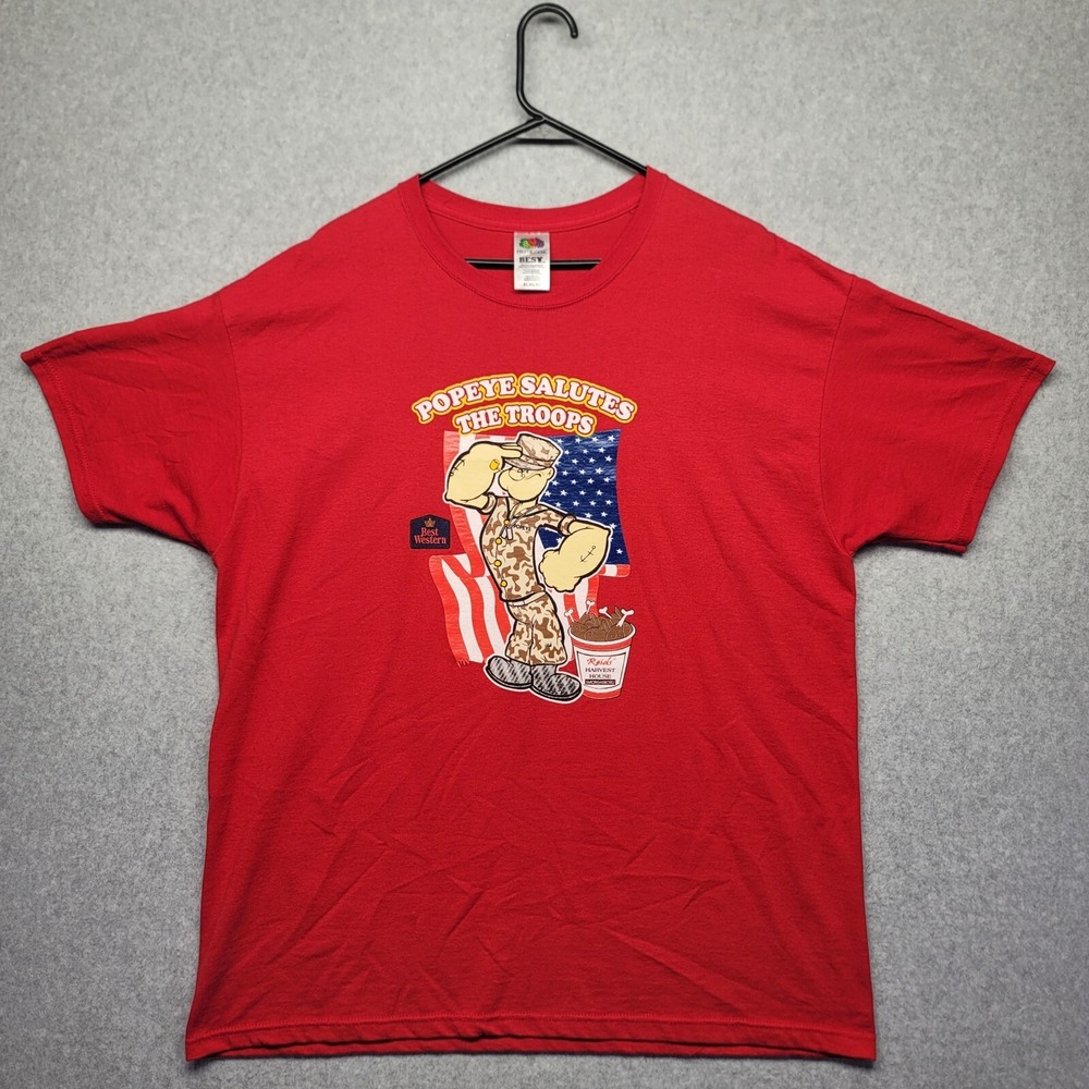 Fruit of the Loom Best Popeye Salutes The Troops T-Shirt Mens XL Red Graphic Tee